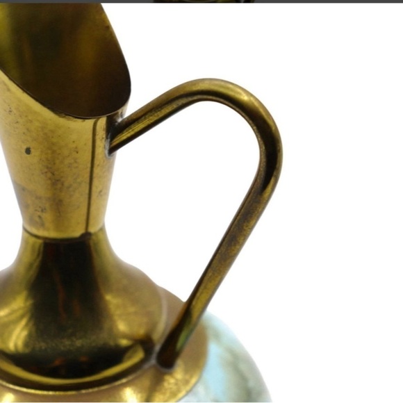 Mid Century Delft Holland Hand Painted Turquoise and Brass Gourd Pitcher Vase - Picture 3 of 5